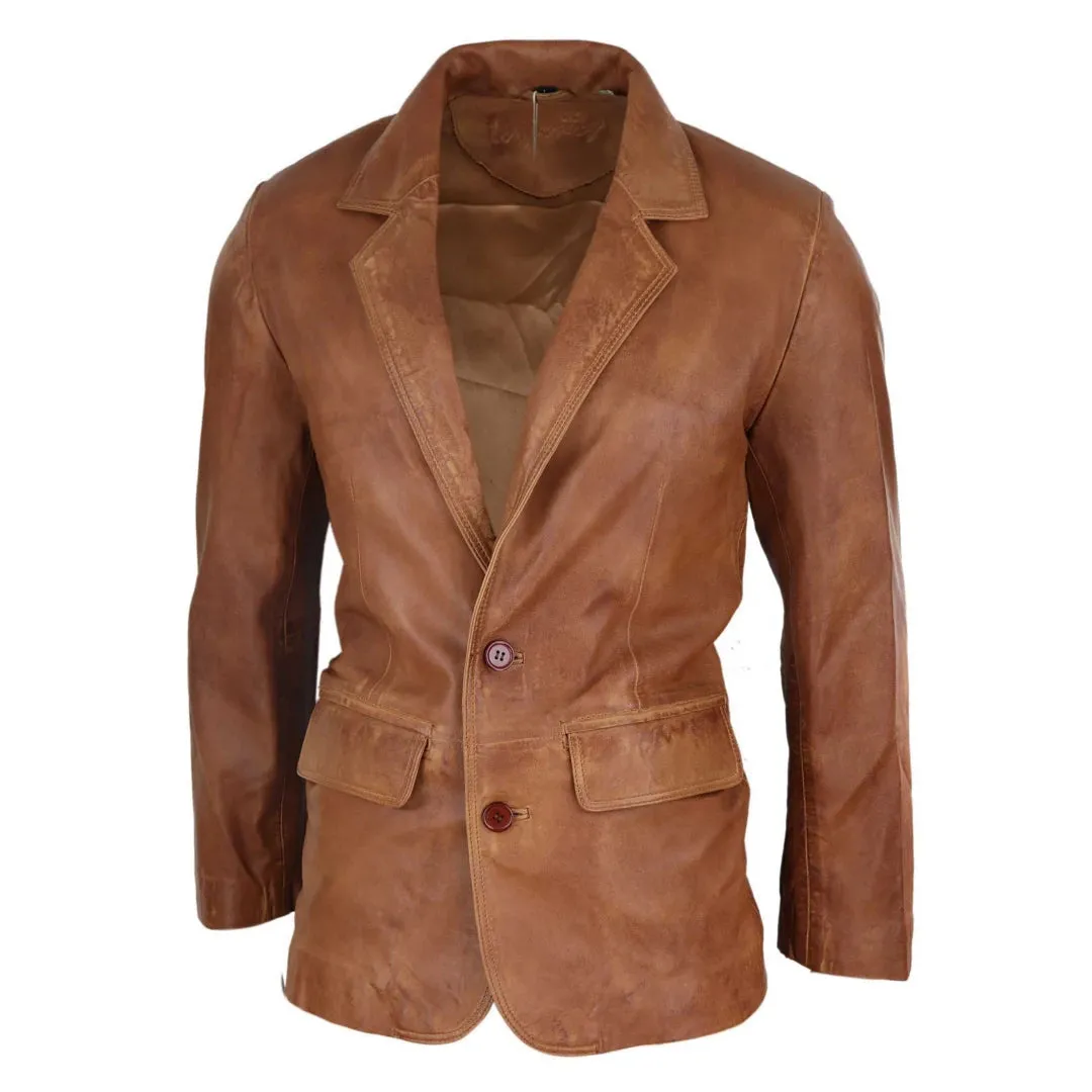 Men's Regular Fit Classic Leather 2 Button Tan Brown Blazer Jacket