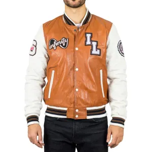Men's Tan Brown Leather Letterman Bomber Jacket