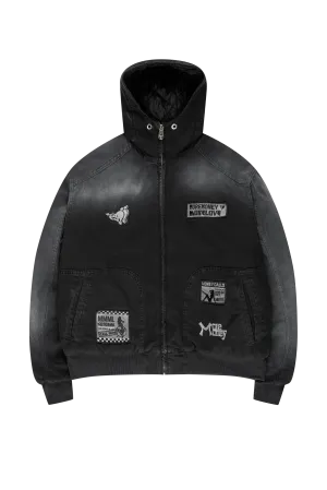 PATCHED UP HOODED BOMBER WASHED BLACK