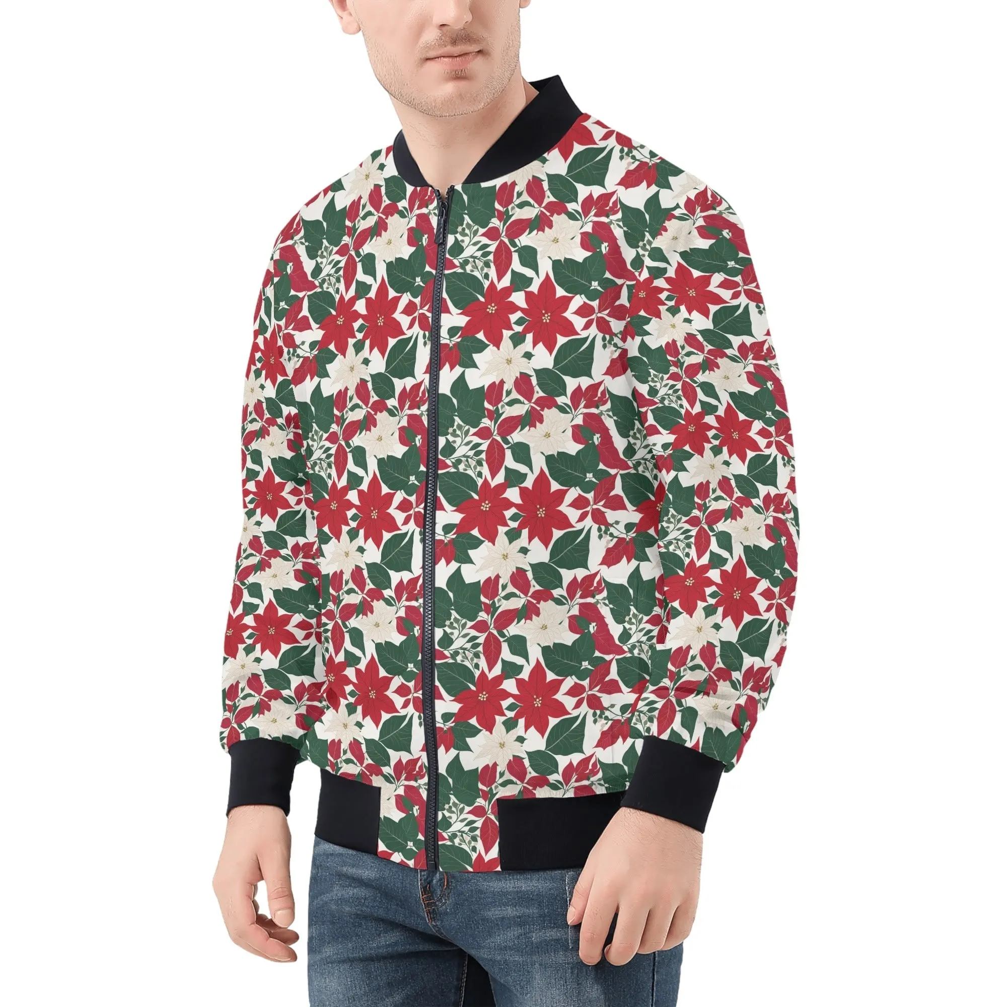 Red and White Poinsettia Flower Unisex Zip Up Track Jacket