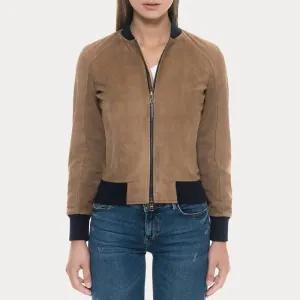 Tan Suede Bomber Jacket with Black Rib Knit Collar & Cuffs