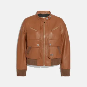 Women's Brown Lambskin Bomber Biker Leather Jacket
