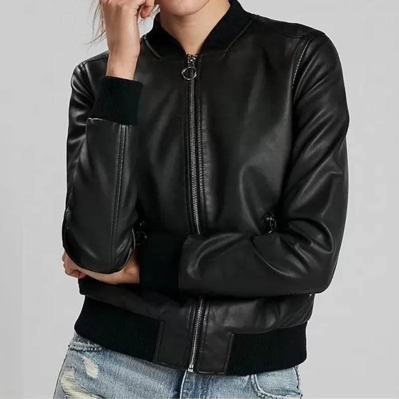 Women's Classic Pure Lambskin Black Leather Bomber Jacket