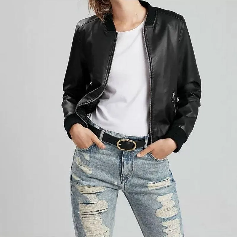 Women's Classic Pure Lambskin Black Leather Bomber Jacket