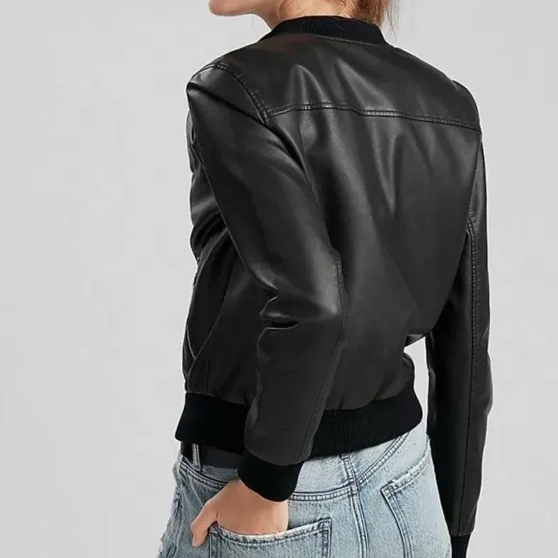 Women's Classic Pure Lambskin Black Leather Bomber Jacket