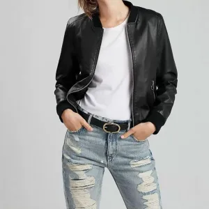 Women's Classic Pure Lambskin Black Leather Bomber Jacket